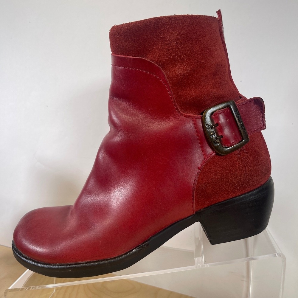 FLY London Red Leather Suede Ankle Boots Buckle Accent Women's Size 38 - Picture 2 of 13
